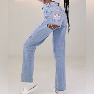 Playboy PacSun Light Blue Back Slash Rainbow Denim Boyfriend Straight Jeans 27